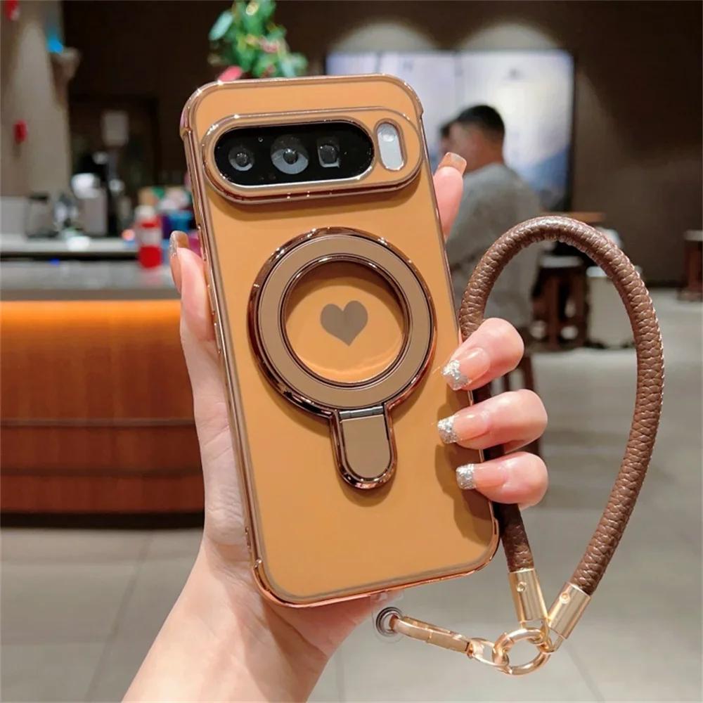 

Cute Love Heart Wrist Strap Bracket Case for Google Pixel 8 9 10 Pro XL 9A 8A 7A Ring Holder Stand Lanyard Plating Soft Cover for Pixel 10 Pro