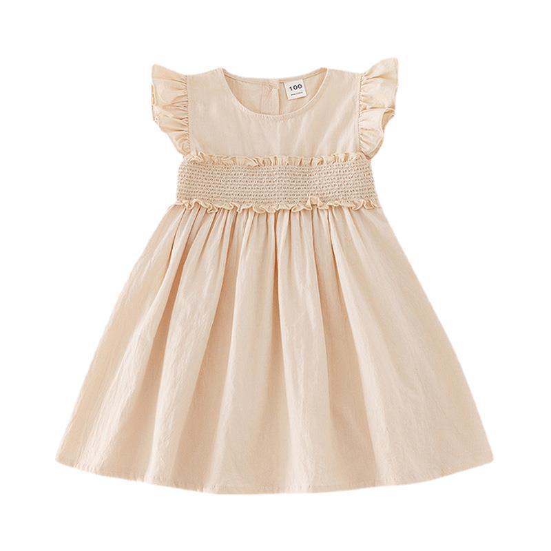 Girls Summer Solid Smocked Short Sleeve Dress Casual Children Cotton Blend A Line Sundress For Kids