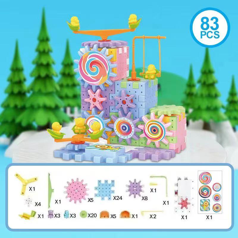 Kids Electric Gear Building Toy Set Motorized Spinning Gears Set Gear Rail Car Big Building Blocks STEM Construction Toy Set