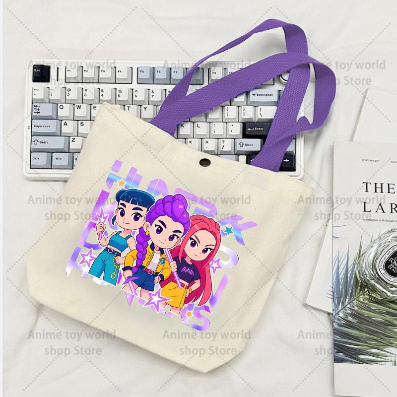 KPop Demon Hunters GIRLS Canvas Shopping Bags Women Cotton Tote Bags Reusable Cartoon Letter Shoulder Bag Grocery Handbag Beige