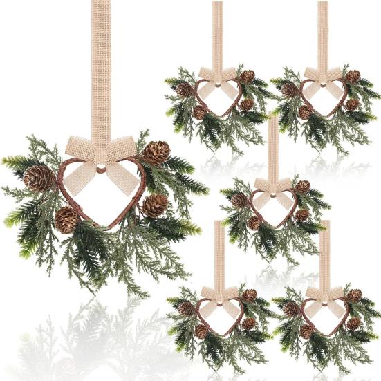 6 Pcs 6 Inch Christmas Mini Cabinet Wreaths Small Artificial Cedar Wreath with Ribbon Bow Pinecone Berry for Front Door Window Farmhouse Home