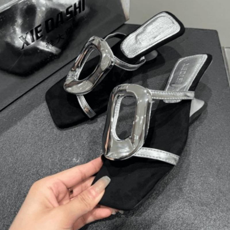 Special-shaped Heel Sandals Women's Summer New Open-toed Metal Buckle with Block Heel Beach Half Slippers