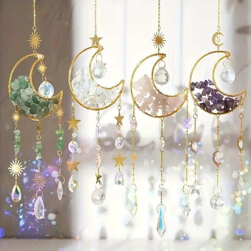 4pcs moon-shaped crystal Sun Catcher, car pendant, Magic Rainbow hanging wall decoration, fantasy crystal pendant, rainbow manu