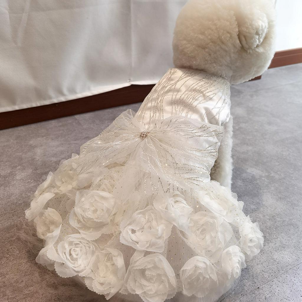 Formal Dog Princess Dress, Sparkly Tulle Pet Wedding Dress, Pink Rose Floral Puppy Outfit for Small Dogs Chihuahua Yorkie
