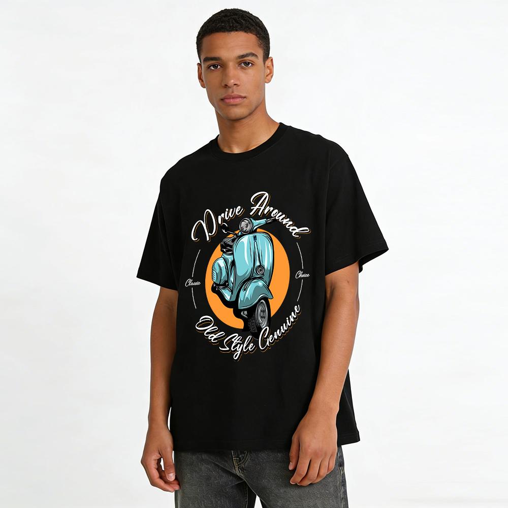 Vintage Classic Scooter Print Casual T-Shirt Unisex Loose Top Pure Cotton T-shirt