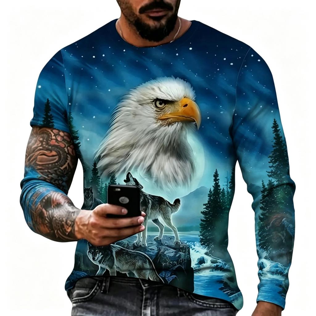 Men's Long Sleeve T-Shirt Bald Eagle Forest Moon 3D Print Casual Outdoor Streetwear Crew Neck Top