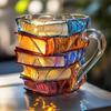 Colorful Stacked Books Shaped Glass Mug, Hand-Painted Stained Glass Style Coffee Cup