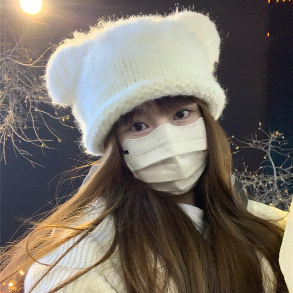 Fluffy Bear Ear Woolen Hat Y2K Brimless Beanie Cap Fashion Knitted Pullover Hat  Outdoor