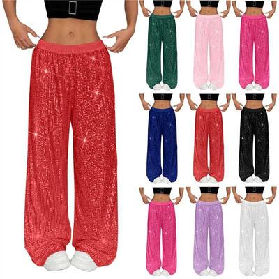 Sequin Pants Women Stretchy High Waist Wide Leg Pant Casual Loose Glitter Trousers Bling Party Clubwear