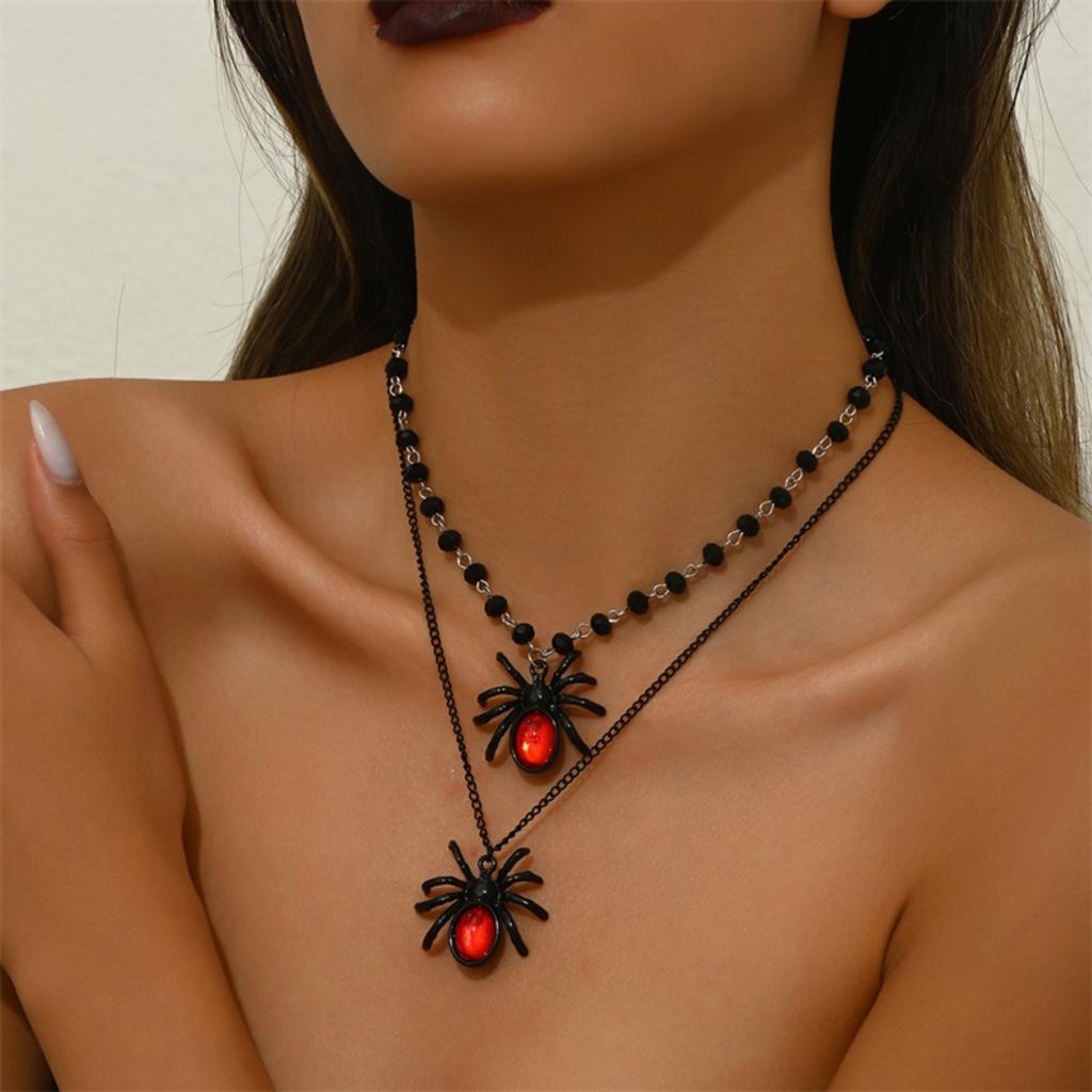 Exaggerated Vintage Halloween Red Crystal Black Spider Insect Pendant Necklace Gothic Punk Party Statement Jewelry For Women Men