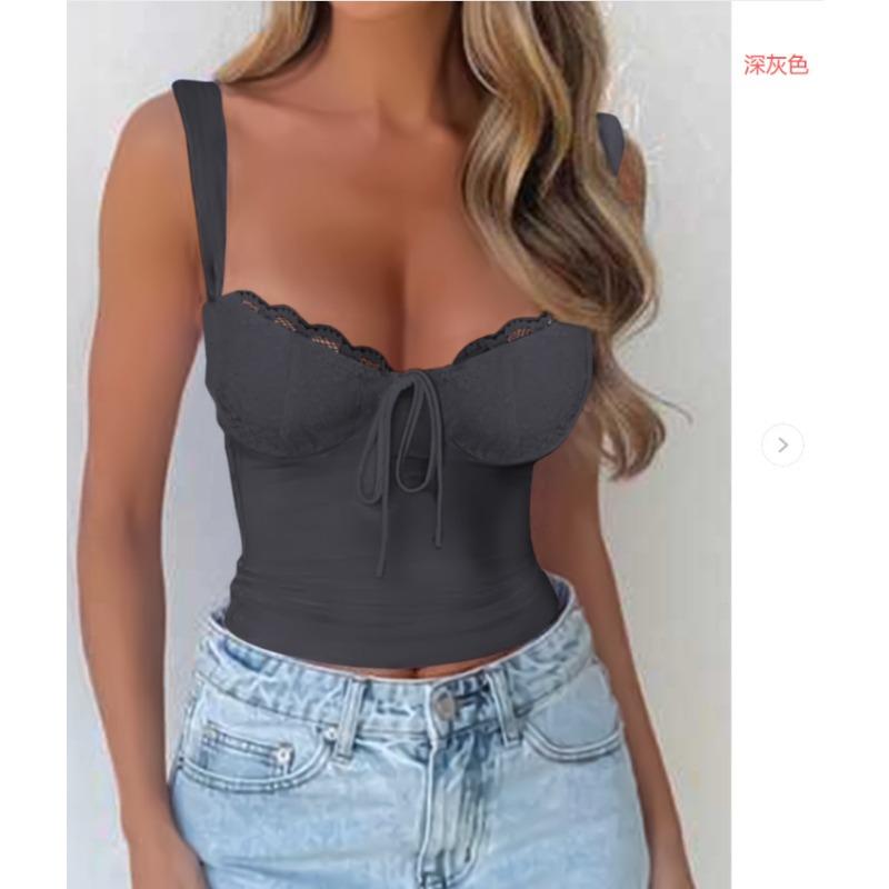 Women Lace Trim Bow Tie Wide Strap Fitted Corset Cami Top