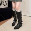 Fashion Pleated Buckle Western Boots Fashion Shoes for Women Pointed Toe Thick Middle Heel Rivet Punk Style V-Mouth Short/Long Botas