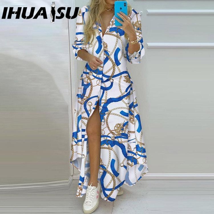 IHUASU Rochie Cămașă cu Imprimeu Temperamental de Primăvară Toamnă pentru Femei, cu Nasturi Simpli, Rochie Cămașă Deschisă, Rochie Lungă Casual