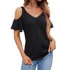 Women's Fashion Casual V-Neck Off-Shoulder T-Shirt Cropped Ruffle Sleeves Hollow Waist Shirt