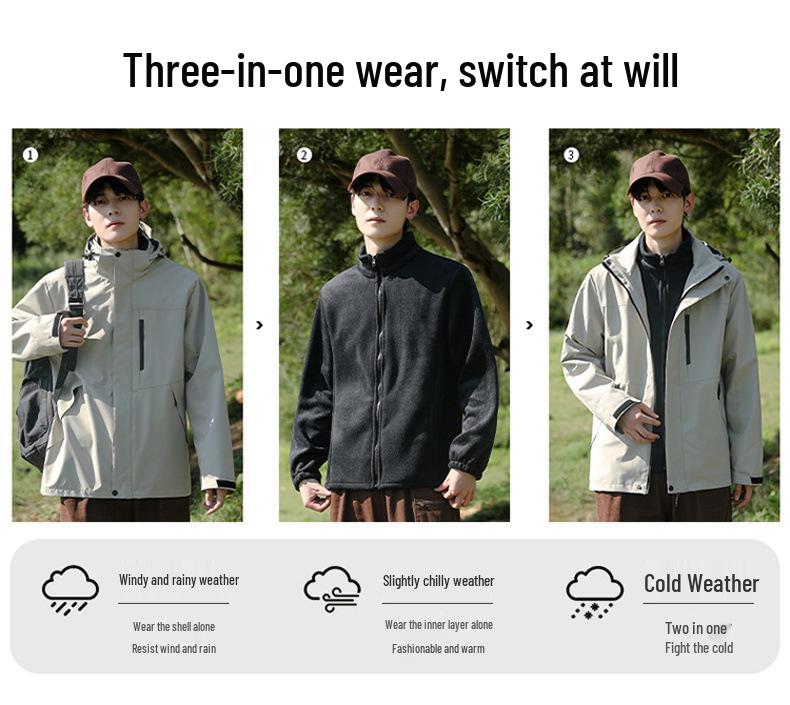 Men's Custom Logo Waterproof 3-in-1 Outdoor Jacket Set with Fleece Lining, Autumn/Winter Workwear, Women's Group Printed Version Available