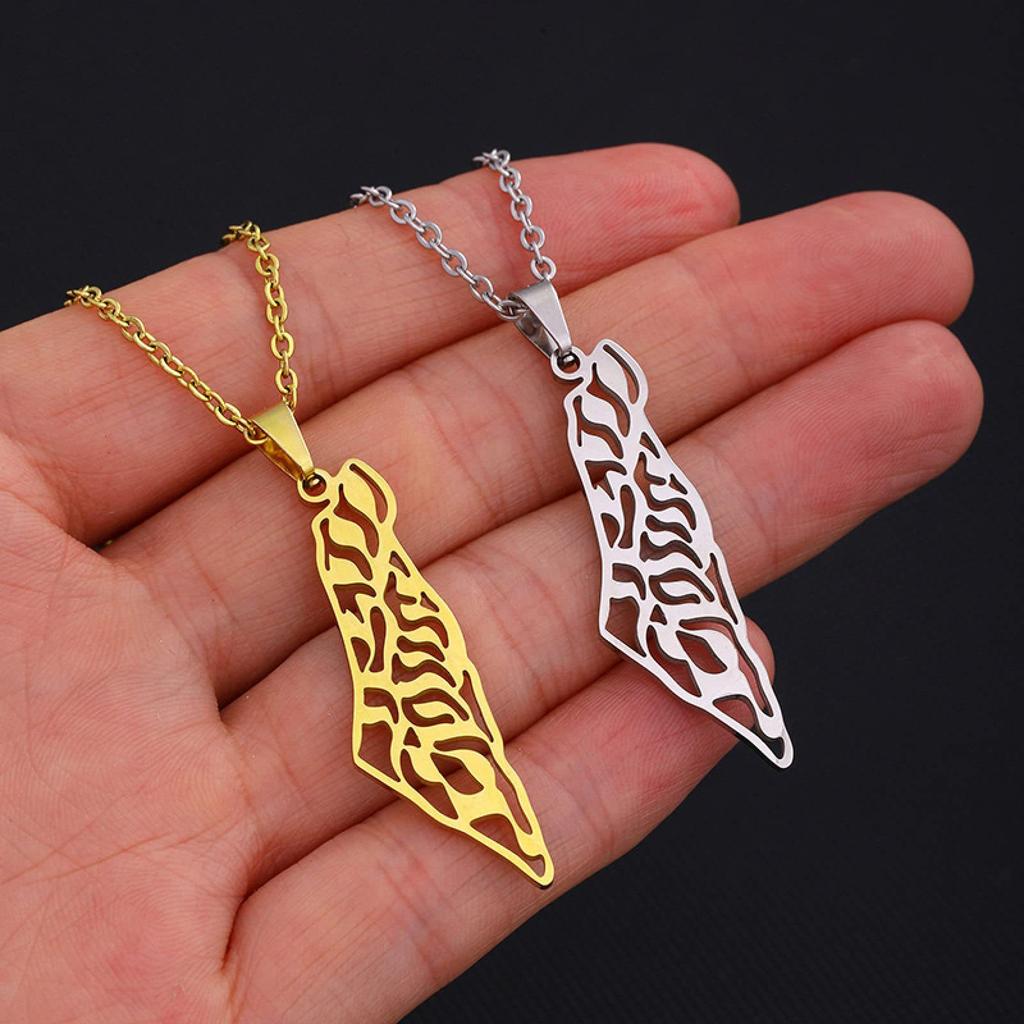 Charm Jewelry, Hollow Titanium Steel Palestinian Flag Map Arabic Pendant Necklace
