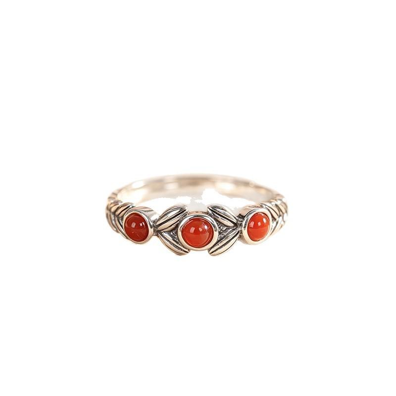 Retro New Chinese Style South Red Wheat Simple Versatile 925 Sterling Silver Jewelry Forest Floral Opening Rings 02897