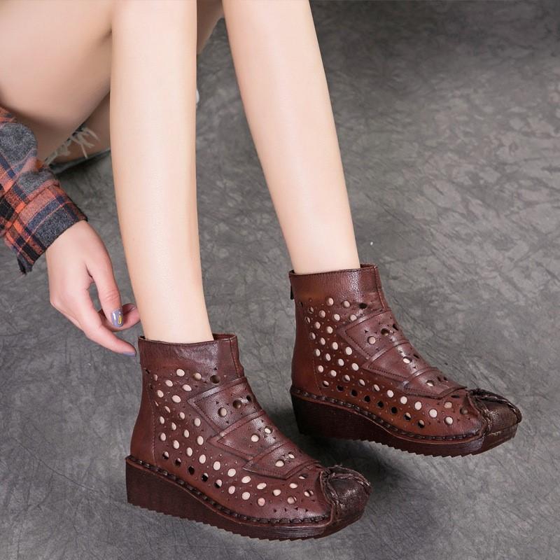 Johnature Genuine Leather Summer Hollow Out Boots Retro Handmade Round Toe Breathable Wedge Sandals Women's Shoes