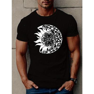Europäische Größen Herren Rundhals-T-Shirt - Geometrischer Sonnen- und Monddruck, Lässiges Sommer-Strickstoff-Oberteil mit leichter Dehnung, Reguläre Passform Kurzarm-T-Shirt