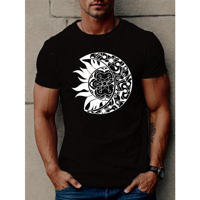 

European sizes Men s Crew Neck T-Shirt - Geometric Sun and Moon Print, Casual Summer Knit Fabric Top with Slight Stretch, Regular Fit Short Sleeve Tee 4XL