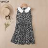 VONDA Women Lapel Neck Sleeveless Floral Print Ruffled Casual Mini Tank Dress