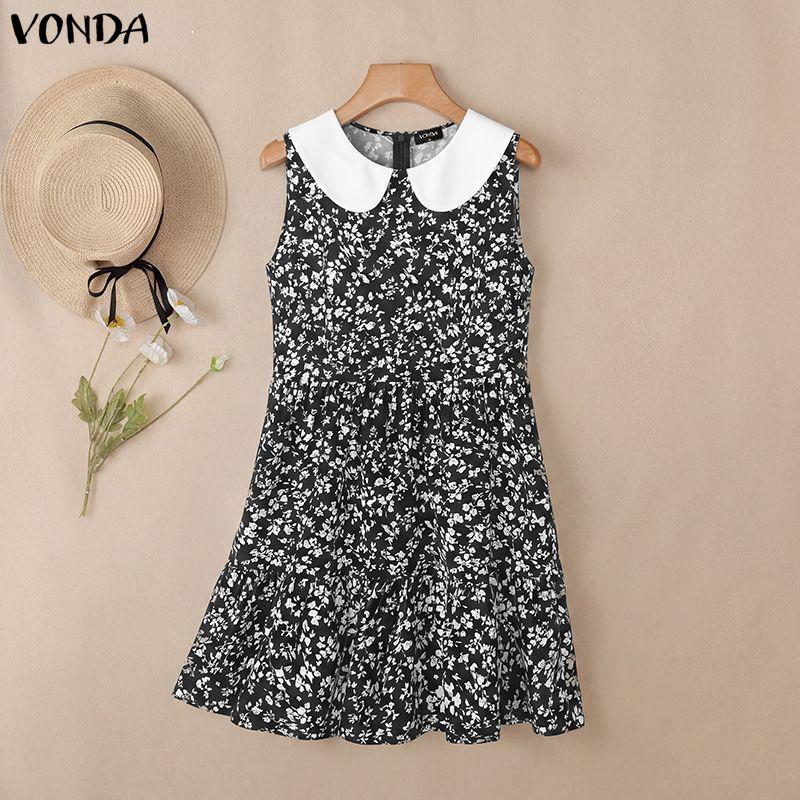 VONDA Women Lapel Neck Sleeveless Floral Print Ruffled Casual Mini Tank Dress