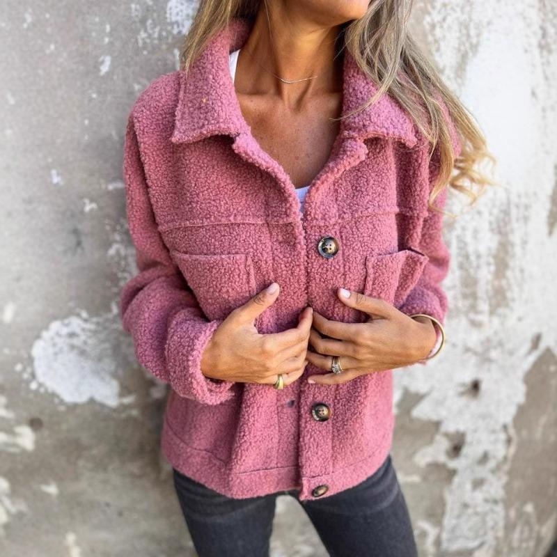 Pink Fashion Autumn and Winter Lapel Single-breasted Women's Lamb Wool Jacket, Simple and Versatile Women's Long-sleeved Top