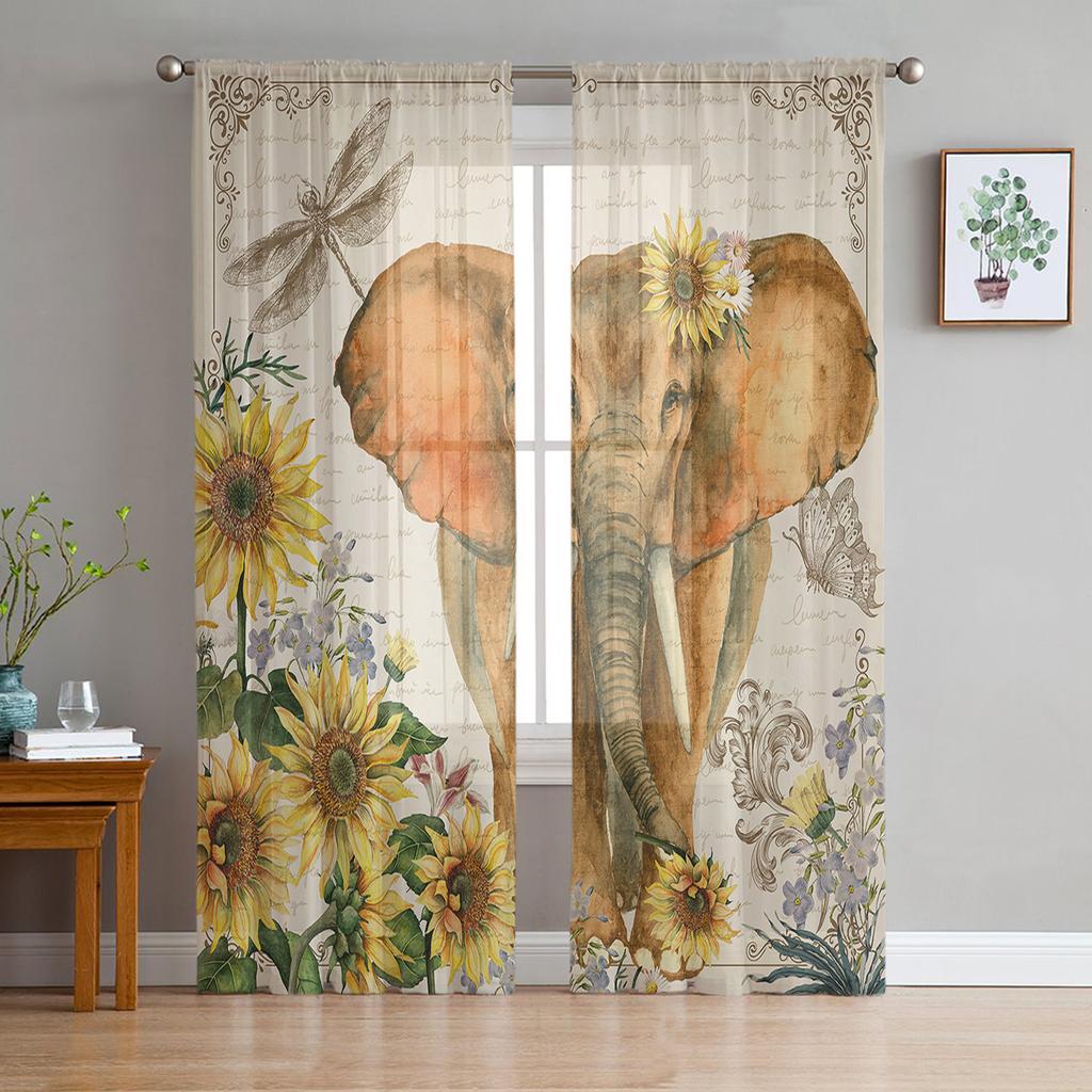 Elephant Big Stupid Bird Heart Gray Blue Sheer Curtains for Living Room Bedroom Decoration Window Voiles Morning Tulle Curtain