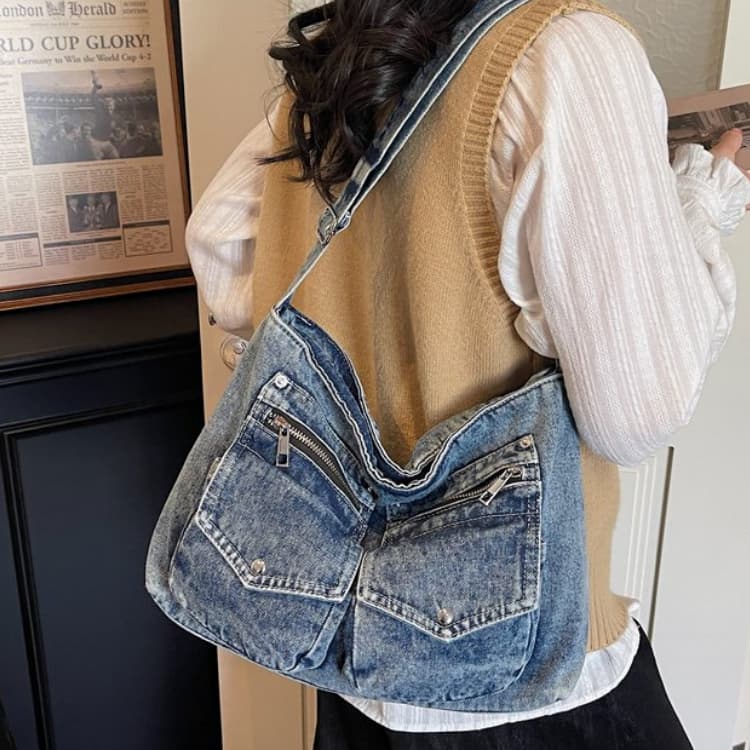 Vintage multi-pocket denim tote bag women's shoulder bag