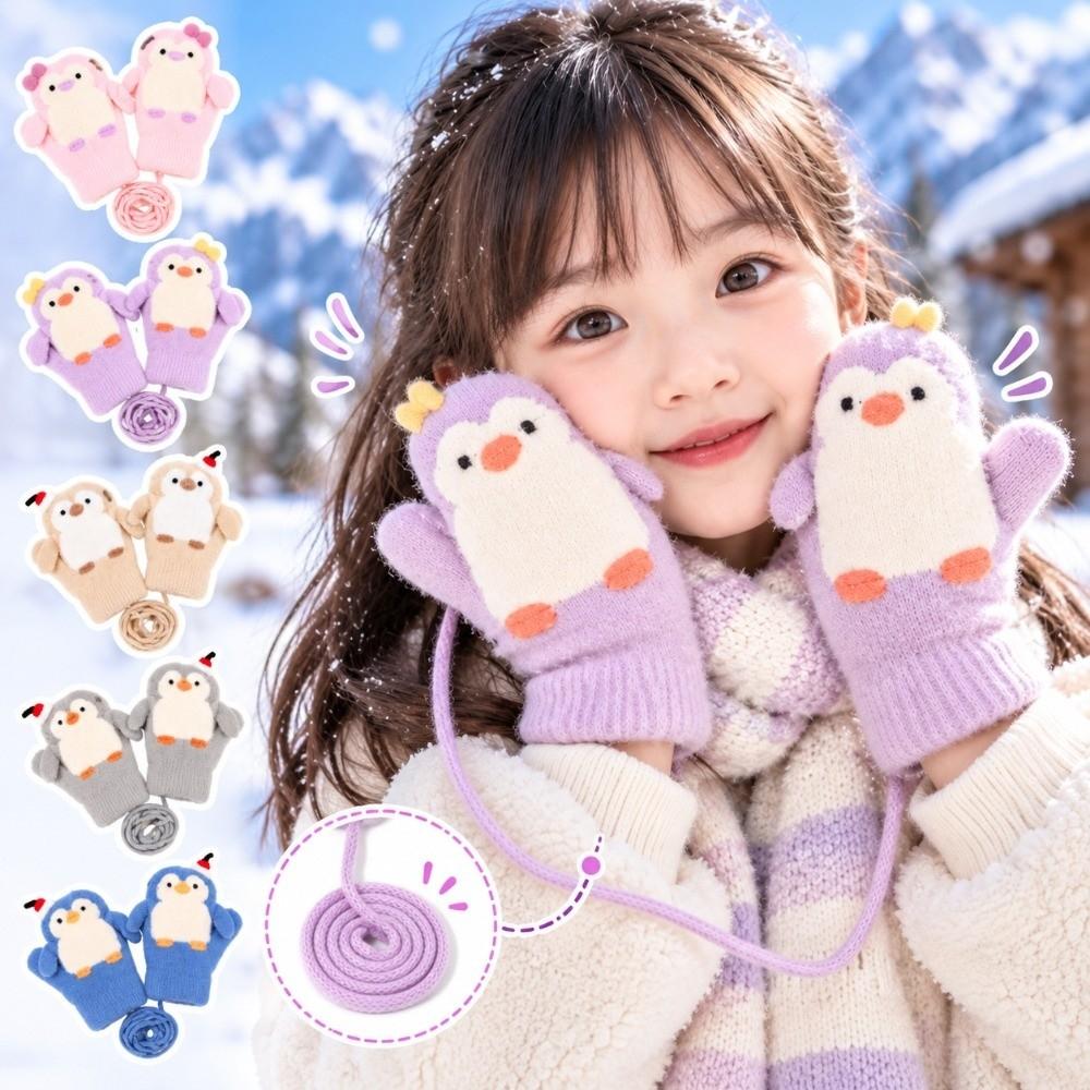 Anti Lost String Baby Winter Knit Glove Fleece Lined Student Cartoon Glove Daily Winter Wear
