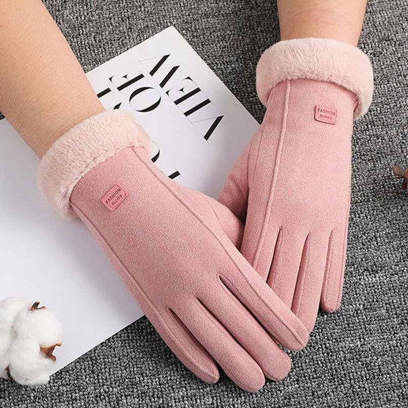 Winter Rabbit Fur Mouth Full Finger Touch Screen Mittens Plus Velvet Warm Gloves For Women