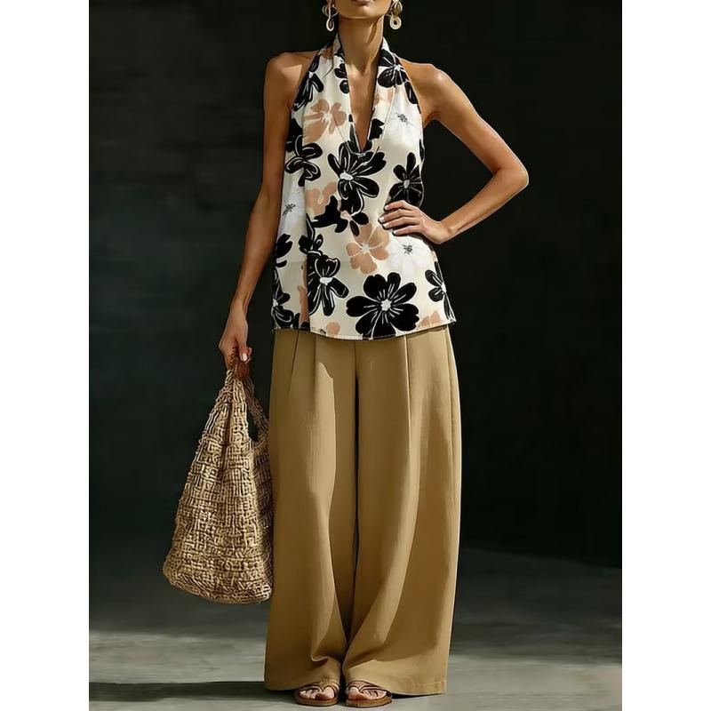 1116 Summer Cool Neck Suit Women's Temperament V-Neck Off-Shoulder Top + High Waist Wide Leg Pants Two-piece Set