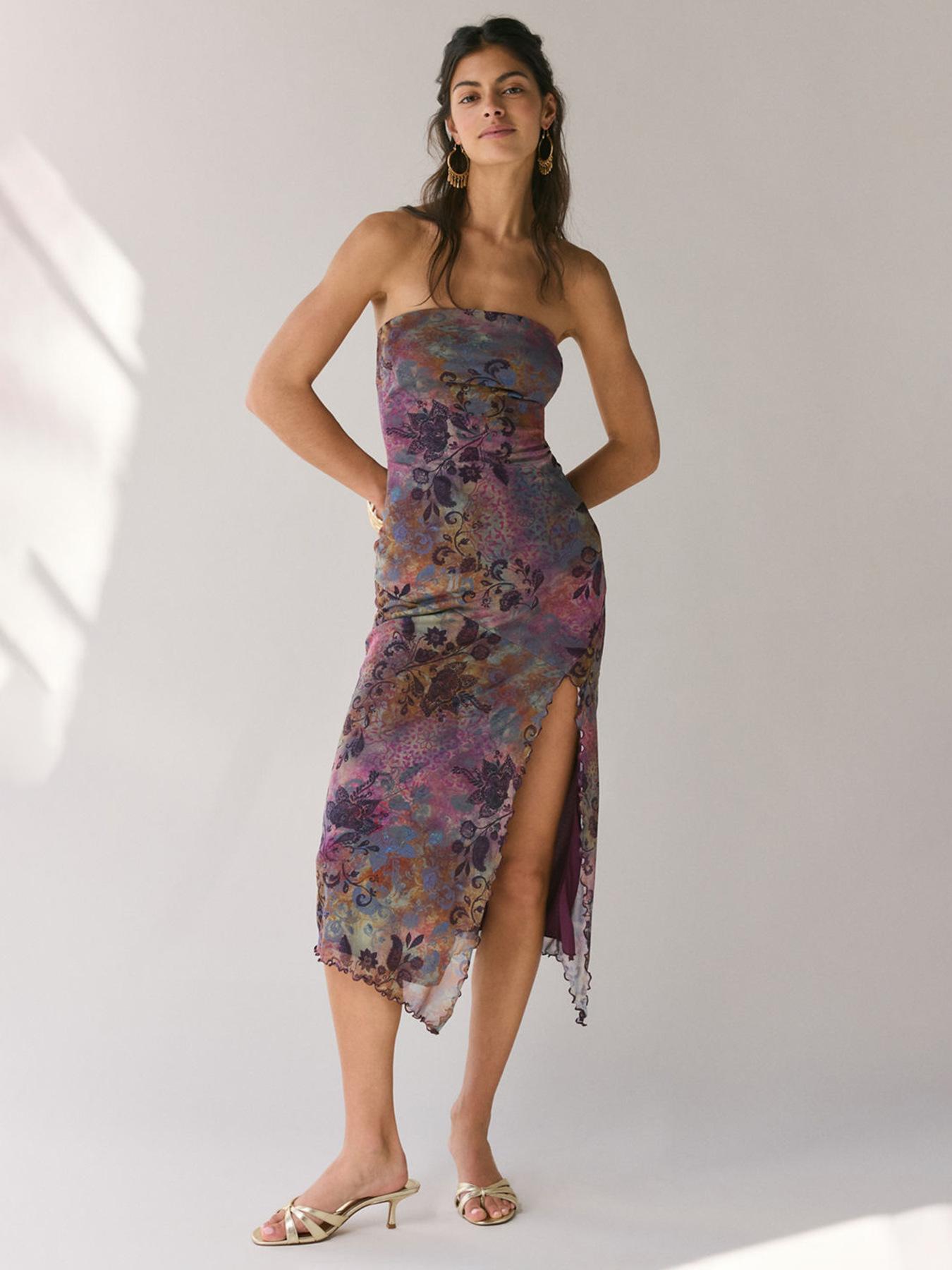 

European and American smudged mesh dress women s summer sexy backless dress hip-wrapped split tube top long dress feeling Spice girl skirt XL помаранчевий