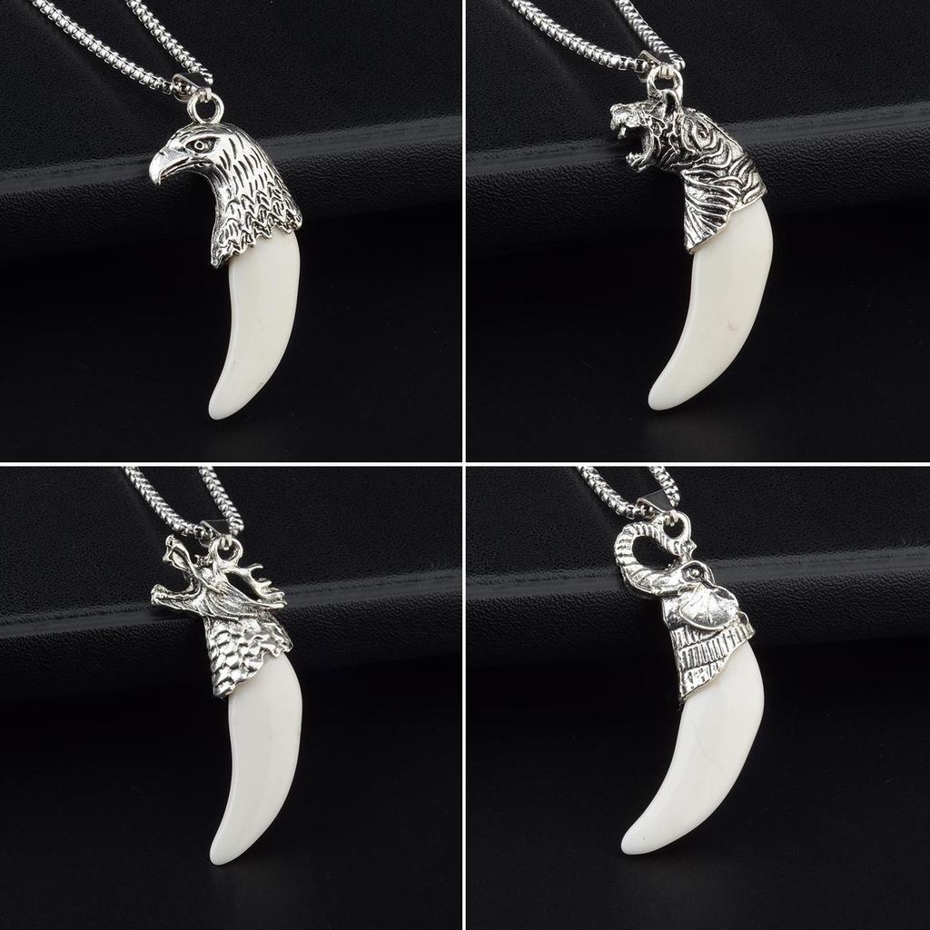 Men's Tibetan Faux Wolf Tooth Pendant Necklace, Titanium Steel Chain, Nepalese Style
