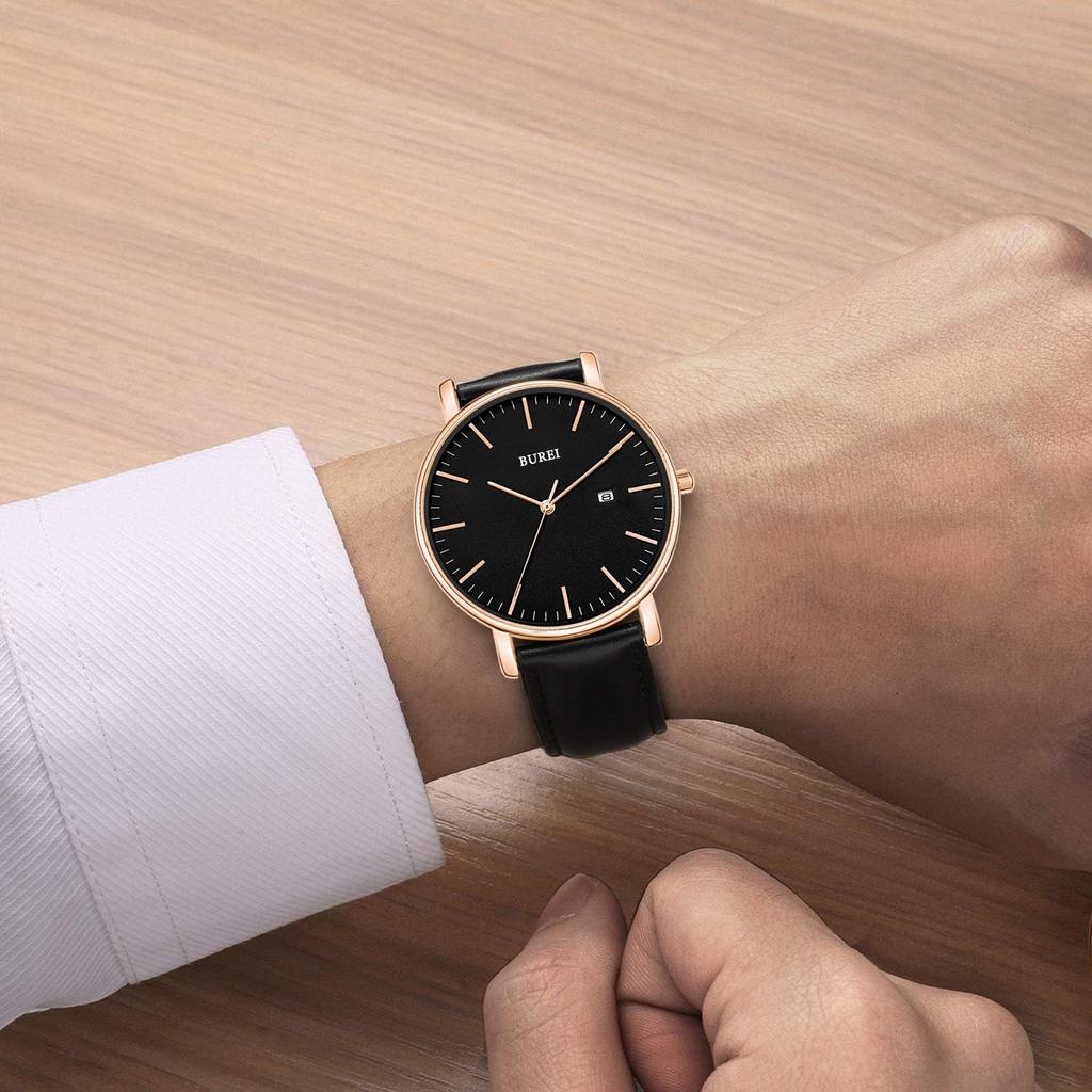 BUREI Men's Watch, Simple, Stylish, Popular Brand, Ultra-Thin, Lightweight, Business, Analog, Quartz Movement, Date Display, Waterproof, Leather, Rose