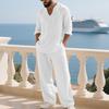 Conjunto de Linho Masculino: Conjunto Esportivo Casual para Praia, Gola V, Corte Amplo, Manga Longa