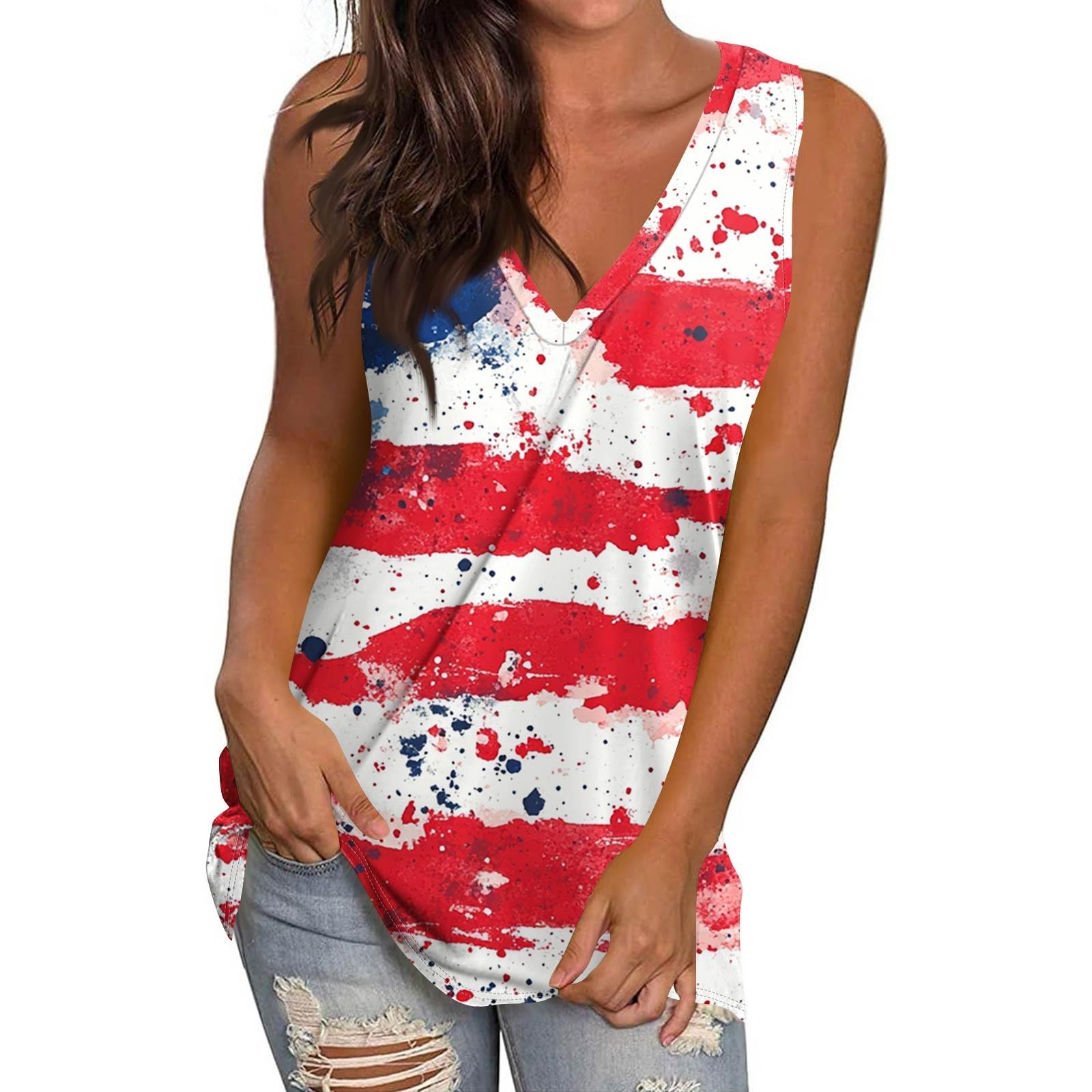 

Women s Casual Fashion V-Neck Sleeveless Pullover Top Independence Day Printed Vest T-Shirt S винний