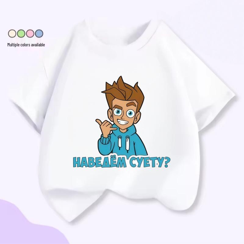 2026 Trendy Russian Cartoon Print Kids Summer Cotton T-Shirt 160cm