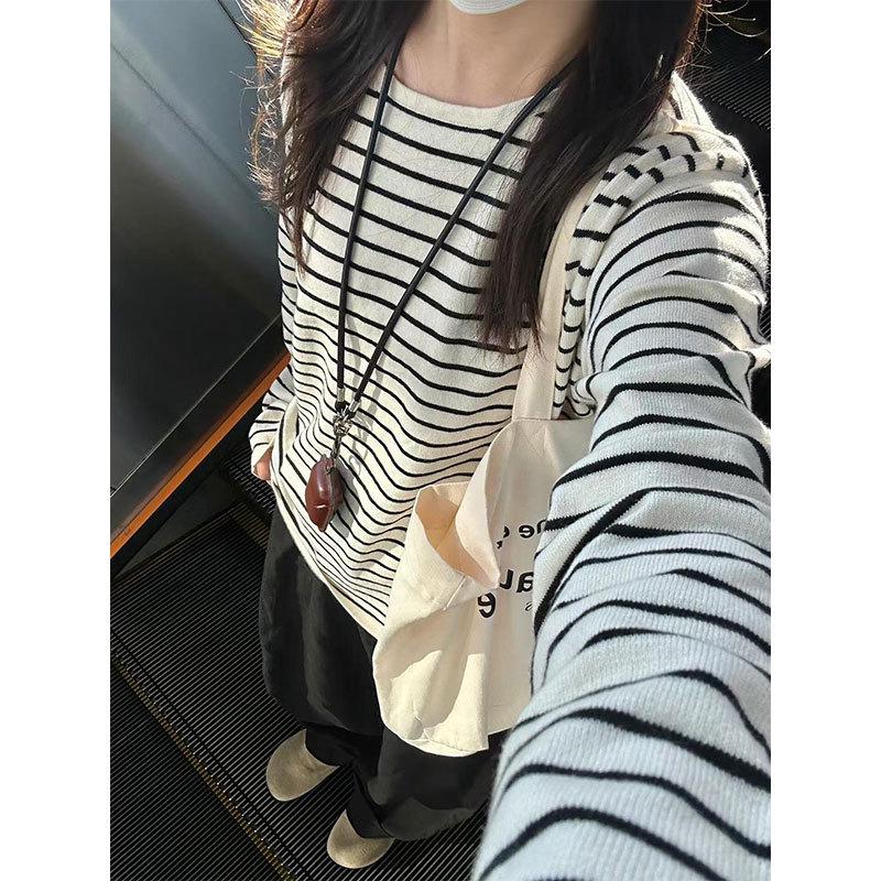 

Женская корейская хлопковая футболка в полоску с длинным рукавом – Черно-белая, Свободный крой, Идеально подходит для весны и осени XL