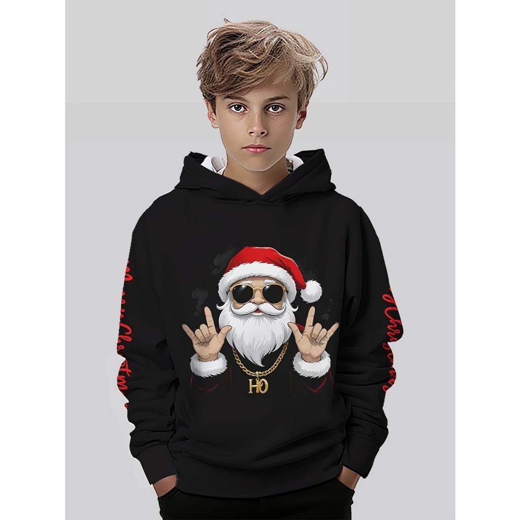 Santa Claus 3D printed boys' casual long sleeved hoodie, boys' novelty hoodie