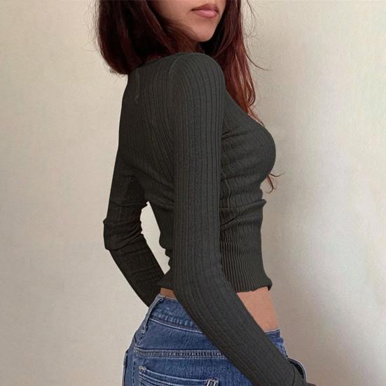 Women Tops Round Neck Buttons Half Placket Long Sleeve Pullover Tops Solid Color Slim Fit Bottom Tops Daily Wear