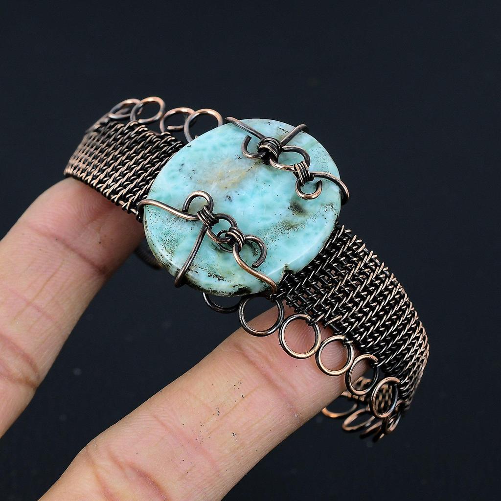 Larimar Bangle, Handmade Gemstone Bangle, 999 Copper Wire Wrapped Antique Jewelry, Gift For Love