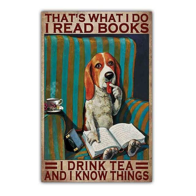 Retro art animal canvas painting lovely dog reading poster slogan wall painting living room bedroom home decoration mural No Frame