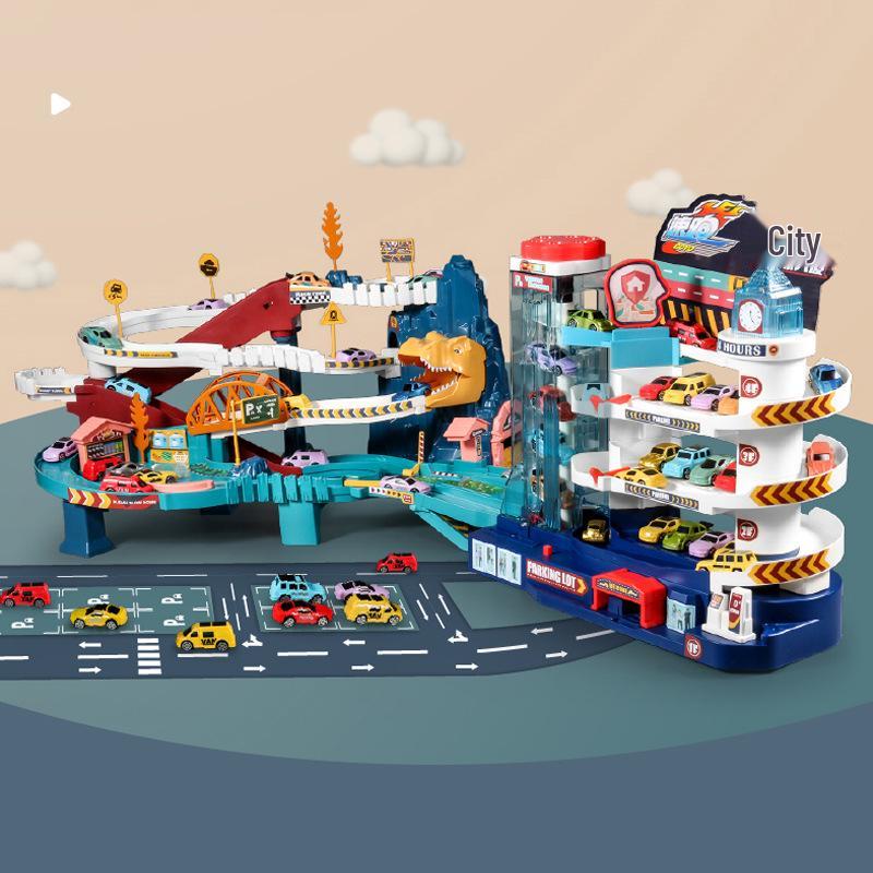 Dinosaur Mountain Road Track & Children's City Car Parking Lot Toy Set