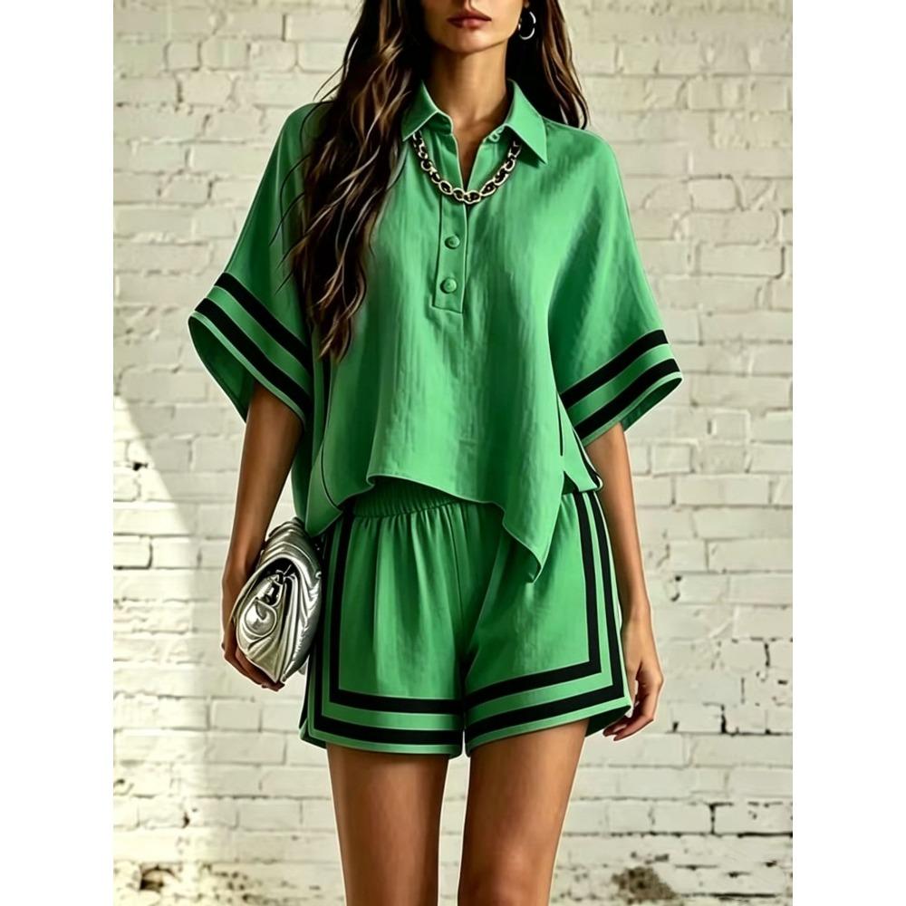Damen Gestreiftes Poloshirt mit Besatz 2-teiliges Outfit Lockere Freizeitshorts Sommer Loungewear Set