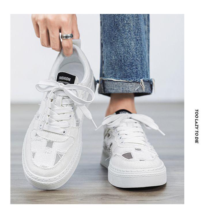 2025 Men's Breathable Canvas Shoes - Summer Fashion, Trendy, Odor-Resistant, Ripped, Wear-Resistant White Skate Sneakers