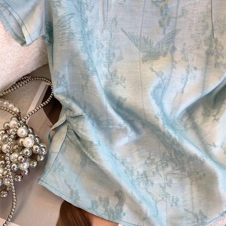 Summer Zen New Button-down Collar Top Blue Jacquard Short-sleeved Shirt Women's Summer