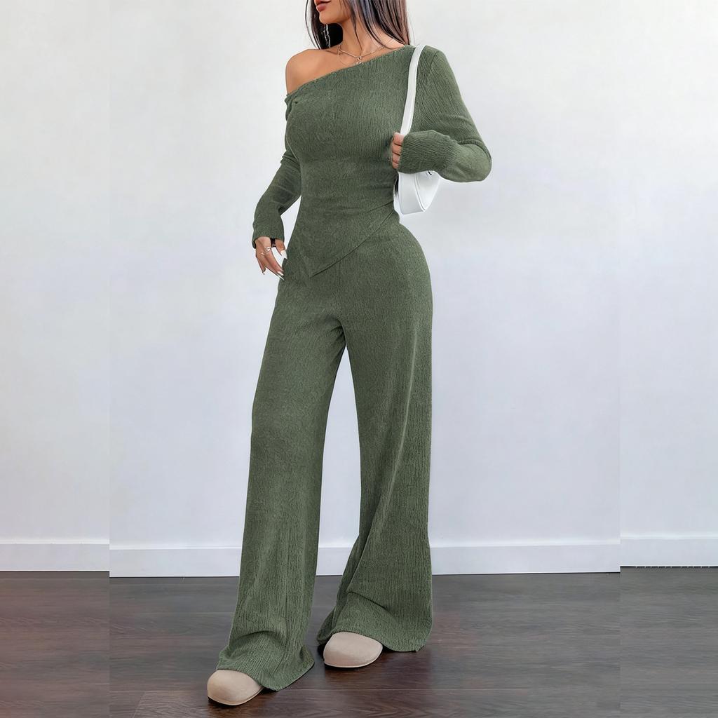 Damen 2-teiliges einfarbiges lässiges Sportbekleidungs-Set mit langen Hosen