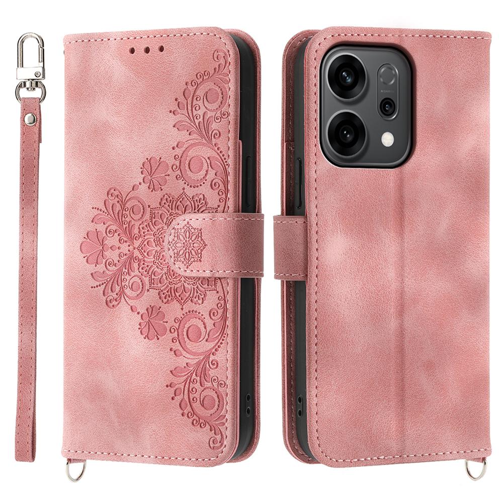 For Oppo Reno14 F 5G Case Flower Pattern PU Leather Wallet Phone Cover with Strap
