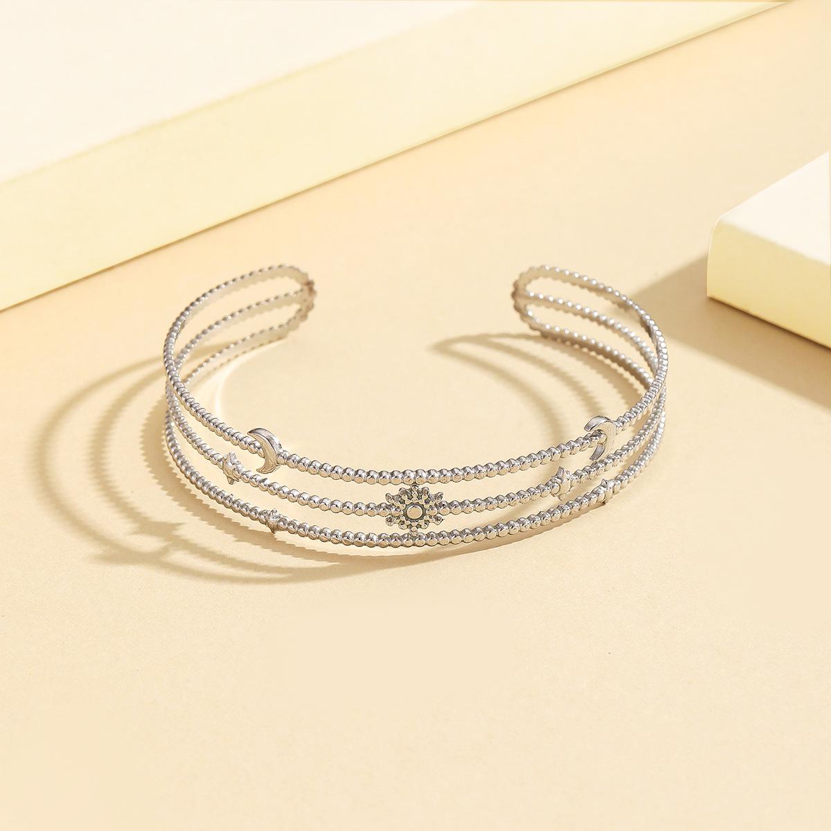 Elegant Moon and Sun Starlight C-shaped Stainless Steel Bracelet, 18K Gold Plated Open Bangle